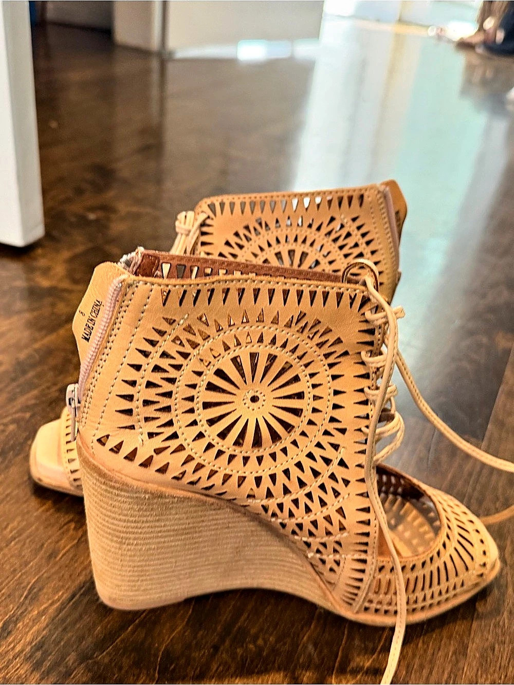 Jeffrey Campbell Rodillo Hi Wedge Laser-Cut Wedge Sandals in Brown